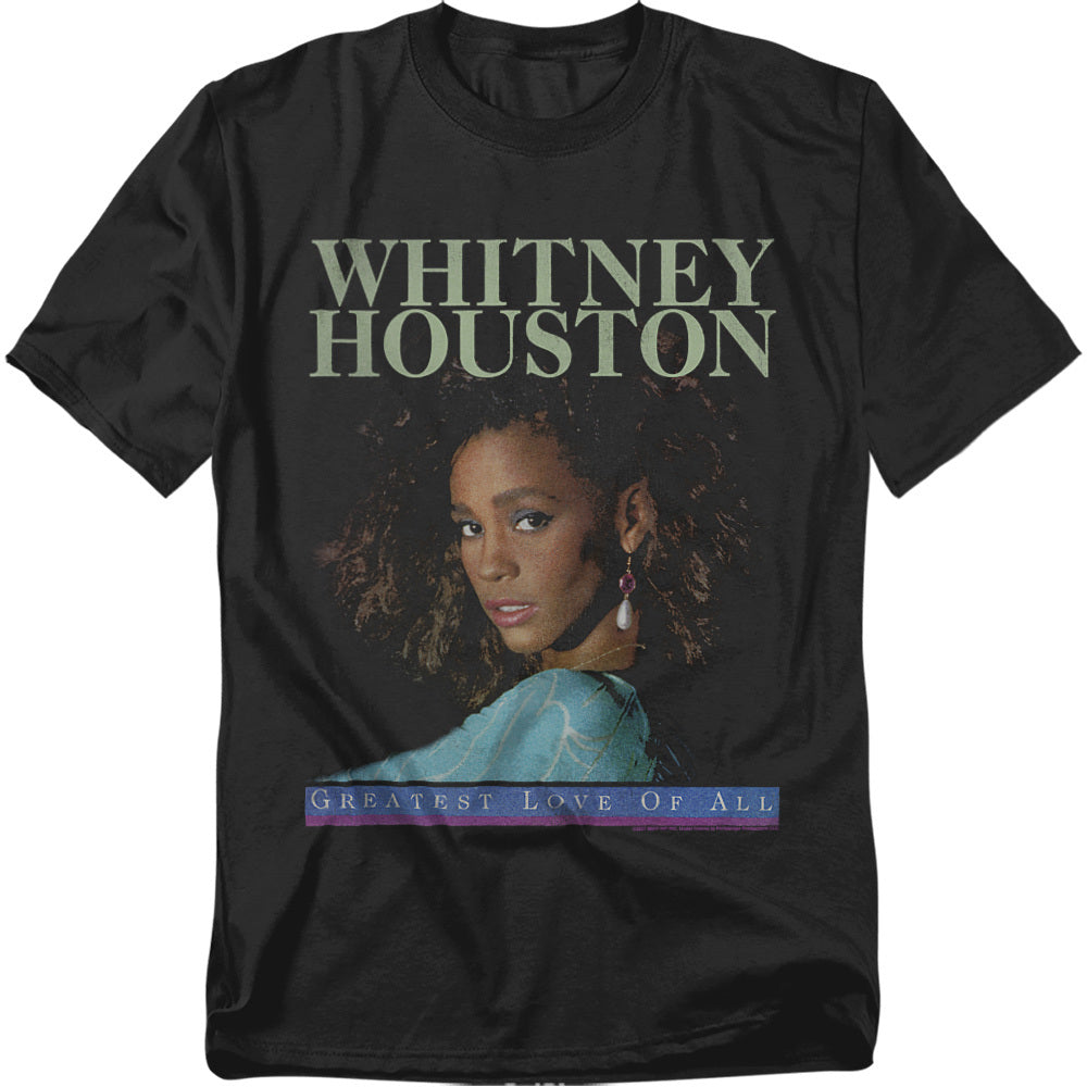 Black t-shirt featuring Whitney Houston portrait with text “Whitney Houston” and “Greatest Love of All.”