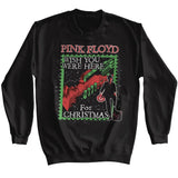 Black crewneck sweatshirt featuring Pink Floyd’s “Wish You Were Here for Christmas” red and green postcard-style graphic.