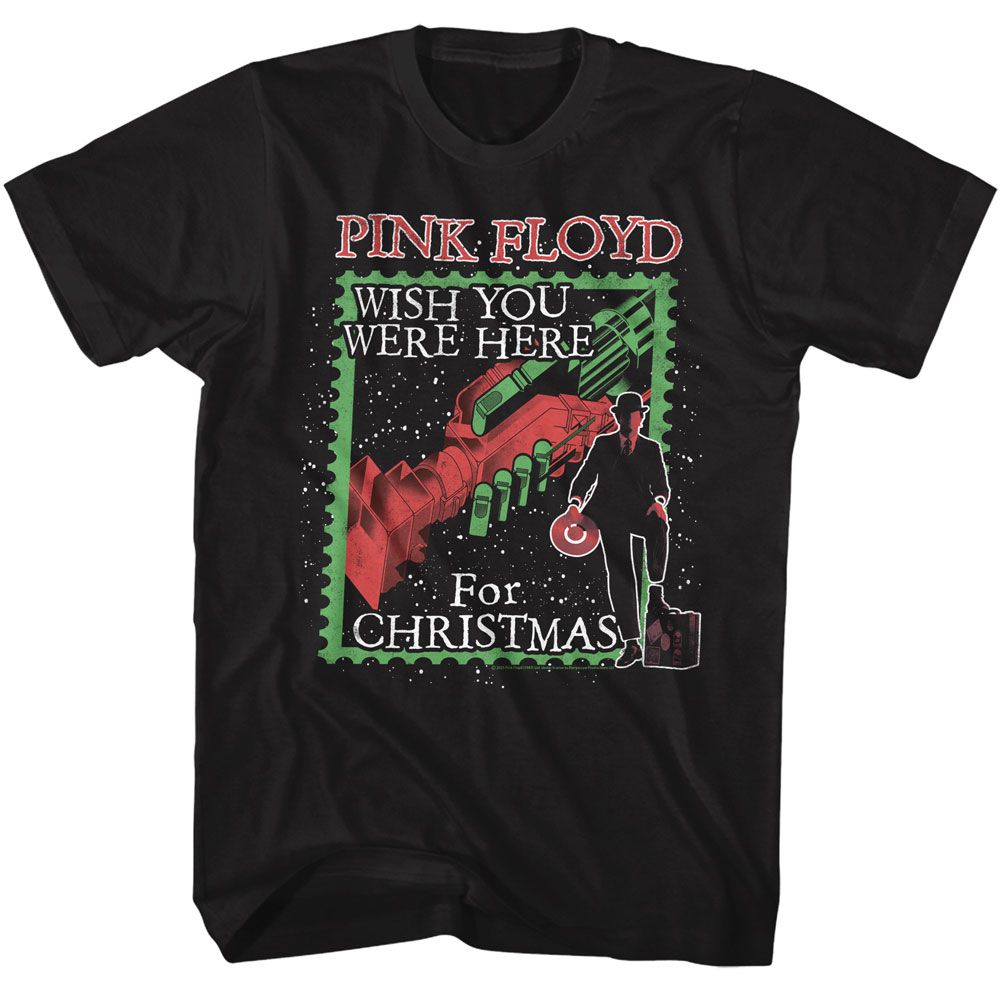 Black t-shirt featuring a Pink Floyd postcard-style graphic with red and green holiday colors and the text “Wish You Were Here for Christmas.”