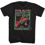Black t-shirt featuring a Pink Floyd postcard-style graphic with red and green holiday colors and the text “Wish You Were Here for Christmas.”