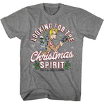 Heather gray t-shirt featuring Egon from The Real Ghostbusters aiming a proton pack with the text “Looking for the Christmas Spirit.”