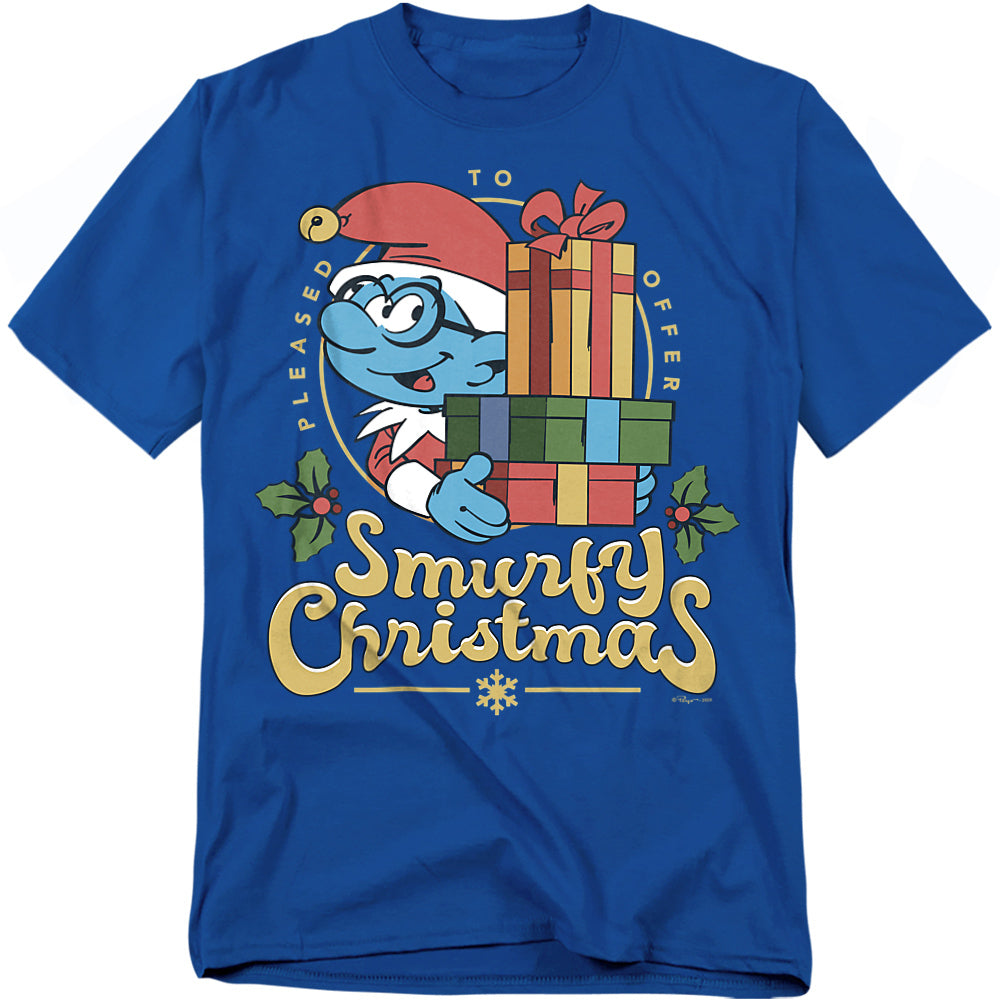 Blue t-shirt featuring Brainy Smurf in a Santa hat holding Christmas gifts with the text “Smurfy Christmas.”