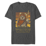 Vintage-style Star Wars T-shirt featuring an Ewok from Return of the Jedi with retro orange and yellow sunset stripes, on a dark heather gray background.