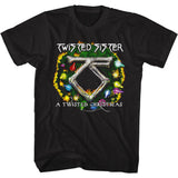 Black t-shirt featuring the Twisted Sister TS logo inside a colorful Christmas wreath with glowing lights and the text “A Twisted Christmas.”