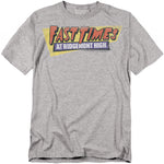 Heather gray t-shirt featuring the bold Fast Times at Ridgemont High logo in red, yellow, and purple across the chest.