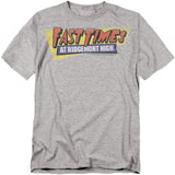 Heather gray t-shirt featuring the bold Fast Times at Ridgemont High logo in red, yellow, and purple across the chest.