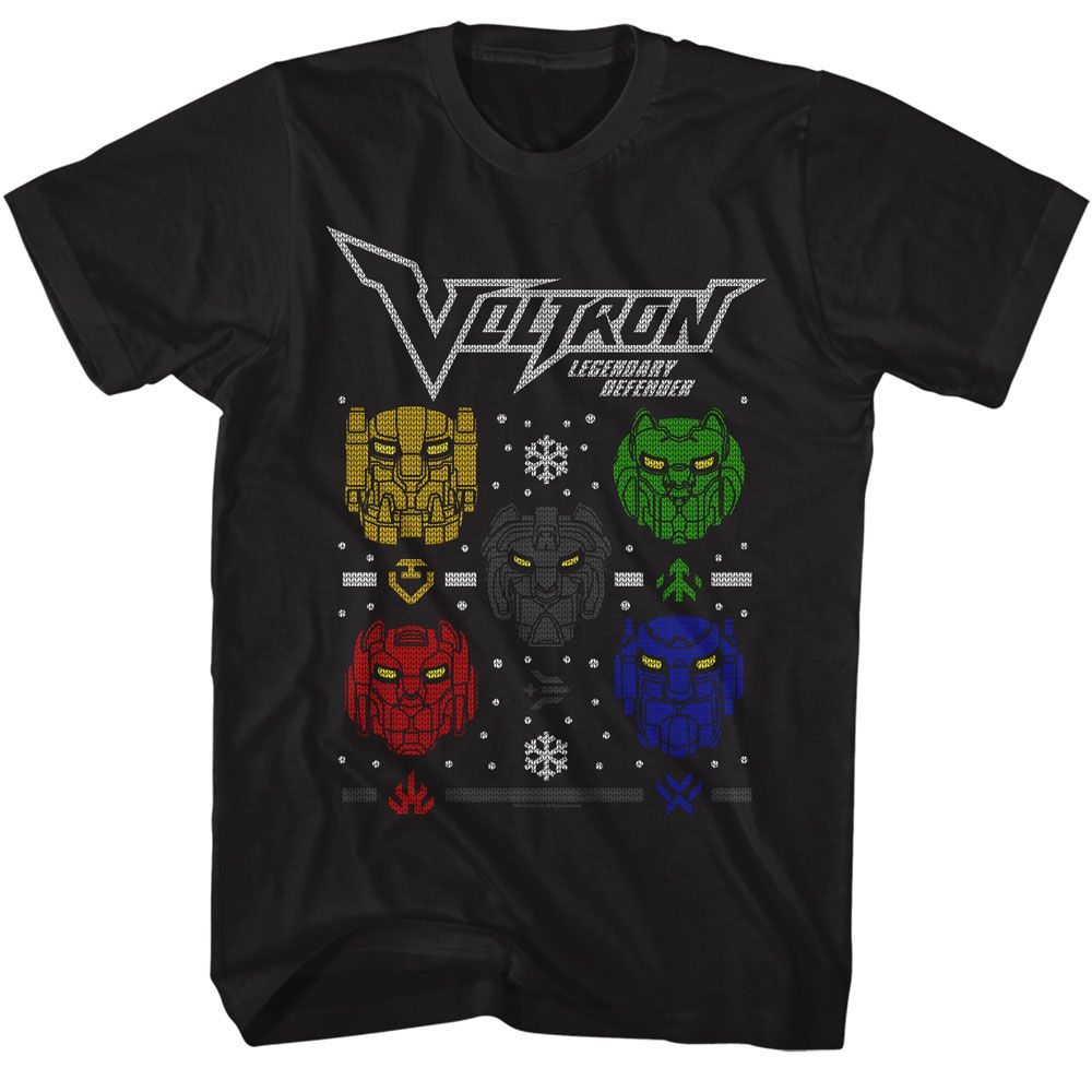 Black t-shirt featuring Voltron Legendary Defender lion heads in a colorful Christmas sweater-style pattern with snowflakes.
