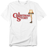 White t-shirt featuring the A Christmas Story logo and the iconic leg lamp graphic.