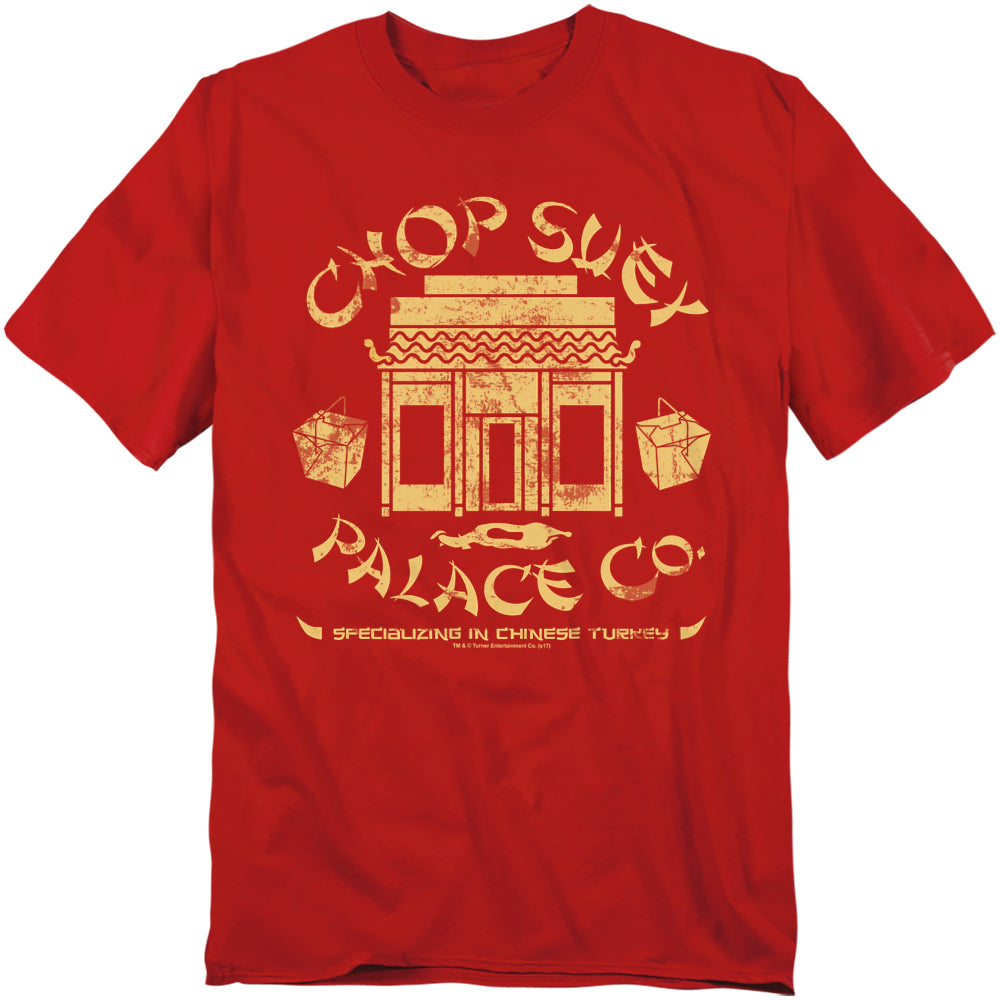 Red t-shirt featuring a distressed Chop Suey Palace Co. logo with takeout boxes and the text “Specializing in Chinese Turkey.”