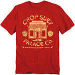 Red t-shirt featuring a distressed Chop Suey Palace Co. logo with takeout boxes and the text “Specializing in Chinese Turkey.”