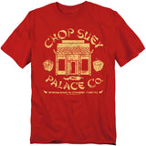 Red t-shirt featuring a distressed Chop Suey Palace Co. logo with takeout boxes and the text “Specializing in Chinese Turkey.”