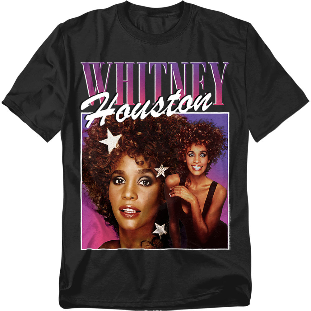 Black Whitney Houston T-shirt featuring two vibrant portraits of the singer with pink and purple tones and her name in bold retro lettering.
