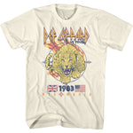 Cream-colored T-shirt featuring Def Leppard’s 1983 Pyromania US Tour design with a roaring leopard, UK and US flags, and vintage concert graphics.