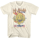 Cream-colored T-shirt featuring Def Leppard’s 1983 Pyromania US Tour design with a roaring leopard, UK and US flags, and vintage concert graphics.