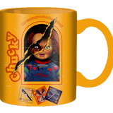 Yellow mug with classic 80s horror character Chucky in ripped packaging