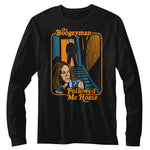 Black long-sleeve T-shirt featuring Michael Myers standing at the top of the stairs with Laurie Strode below, captioned “The Boogeyman Followed Me Home.”