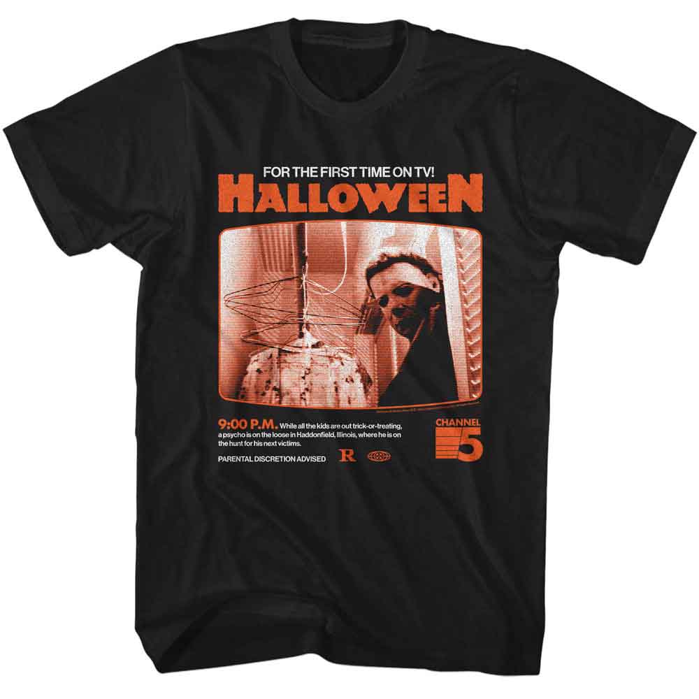Black T-shirt featuring a vintage TV broadcast design of John Carpenter’s Halloween with Michael Myers and orange retro graphics.
