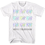 White T-shirt featuring multiple pastel-colored vintage MTV logos in a grid pattern with “Music Television” text beneath.