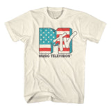 Cream-colored T-shirt featuring the classic MTV logo filled with an American flag design and “Music Television” text below.