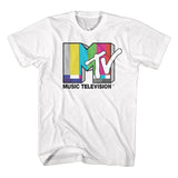 White T-shirt featuring the classic MTV logo with multicolor TV test pattern bars and “Music Television” text below