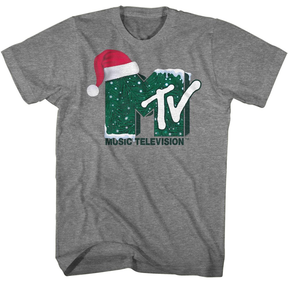 Gray T-shirt featuring the MTV logo decorated with a Santa hat and Christmas tree pattern, inspired by classic 80s holiday style.