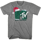 Gray T-shirt featuring the MTV logo decorated with a Santa hat and Christmas tree pattern, inspired by classic 80s holiday style.