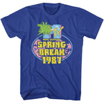Bright blue T-shirt featuring a retro MTV Spring Break 1987 logo with palm trees and vibrant yellow and pink lettering.