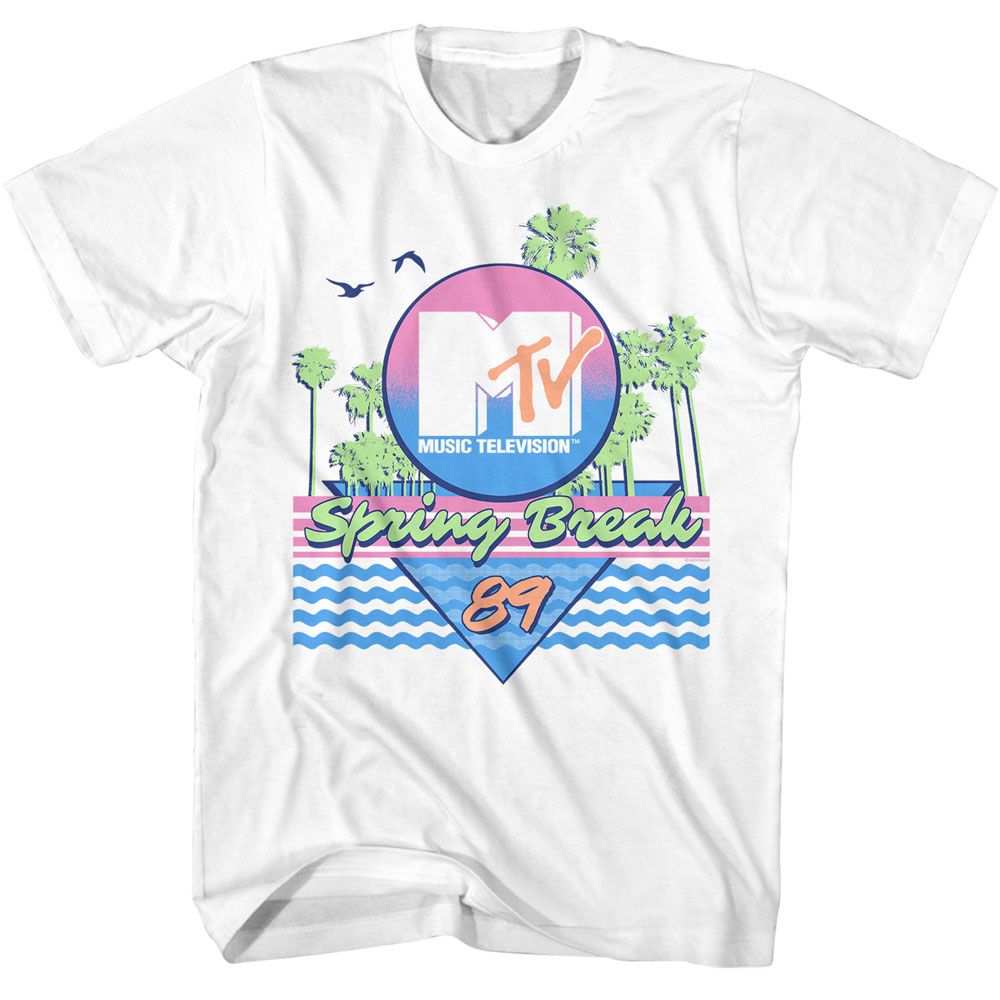 White t-shirt with MTV Spring Break 89 graphic design on a white background