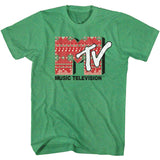 Green T-shirt with a festive MTV logo styled like an ugly Christmas sweater design with red, white, and music note patterns.