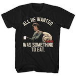 Rambo First Blood “All He Wanted Was Something to Eat” T-Shirt featuring John Rambo holding a cup with his pack over his shoulder, vintage movie tee.