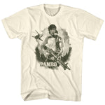 Vintage Rambo First Blood T-Shirt featuring Sylvester Stallone as John Rambo holding a machine gun with a helicopter in the background, retro 1980s action movie shirt.