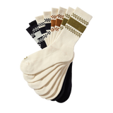 Set of socks with various patterns on a white background