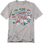 Gray T-shirt featuring The Smurfs in Santa hats and festive accessories with the text “We Wish You a Smurfy X-Mas.