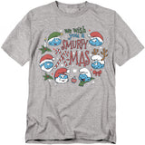 Gray T-shirt featuring The Smurfs in Santa hats and festive accessories with the text “We Wish You a Smurfy X-Mas.