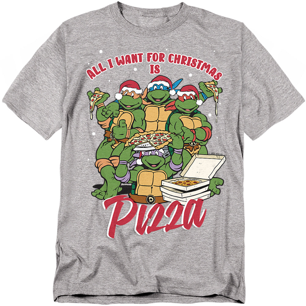 Gray T-shirt featuring the Teenage Mutant Ninja Turtles wearing Santa hats and holding pizza with the text “All I Want for Christmas Is Pizza.”