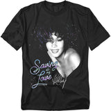Black T-shirt featuring a black-and-white portrait of Whitney Houston with neon text reading “Saving All My Love” and her signature underneath.