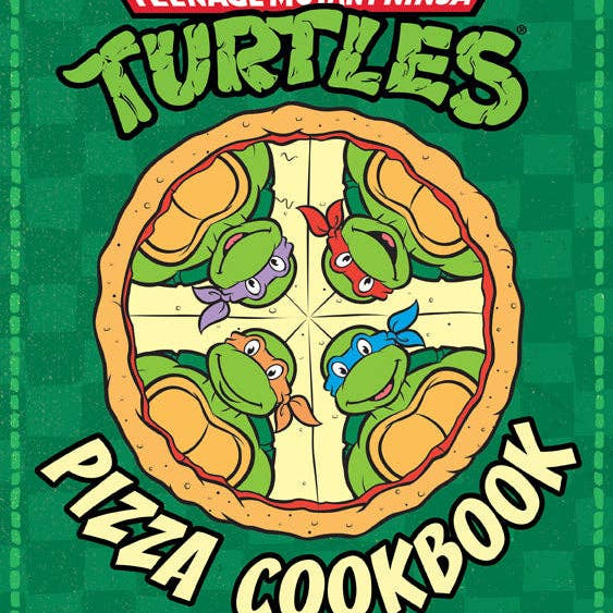 Teenage Mutant Ninja Turtles pizza cookbook cover with turtles on a pizza slice design.