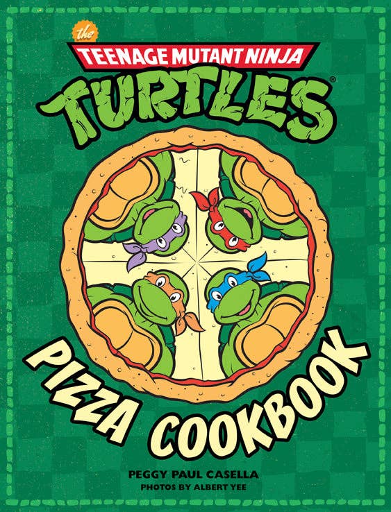 Teenage Mutant Ninja Turtles pizza cookbook cover with turtles on a pizza slice design.