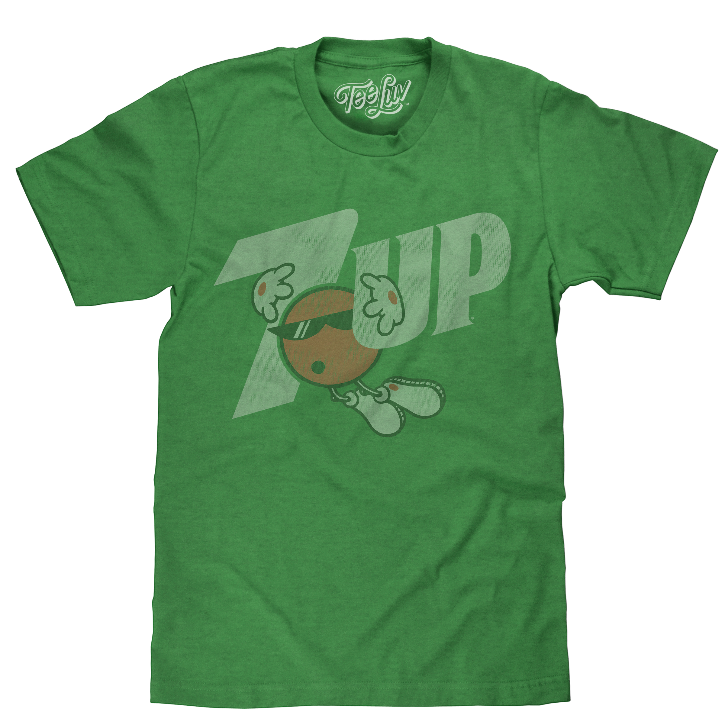 Green t-shirt with the vintage 7UP logo and Cool Spot mascot wearing sunglasses and sneakers.