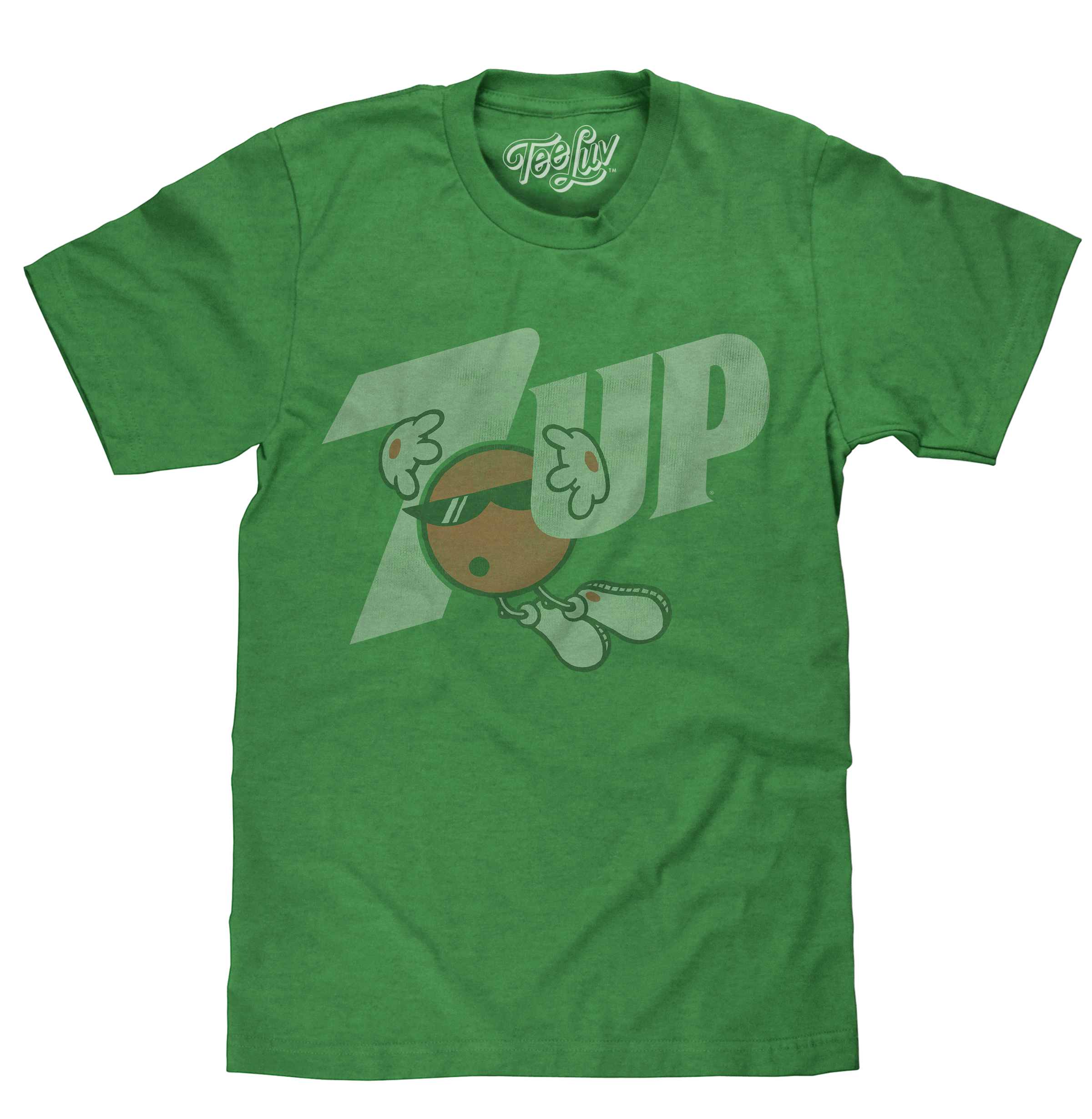Green t-shirt with the vintage 7UP logo and Cool Spot mascot wearing sunglasses and sneakers.