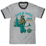 Smokey Bear Please Be Careful Prevent Wildfires Ringer T-Shirt - Gray and Black