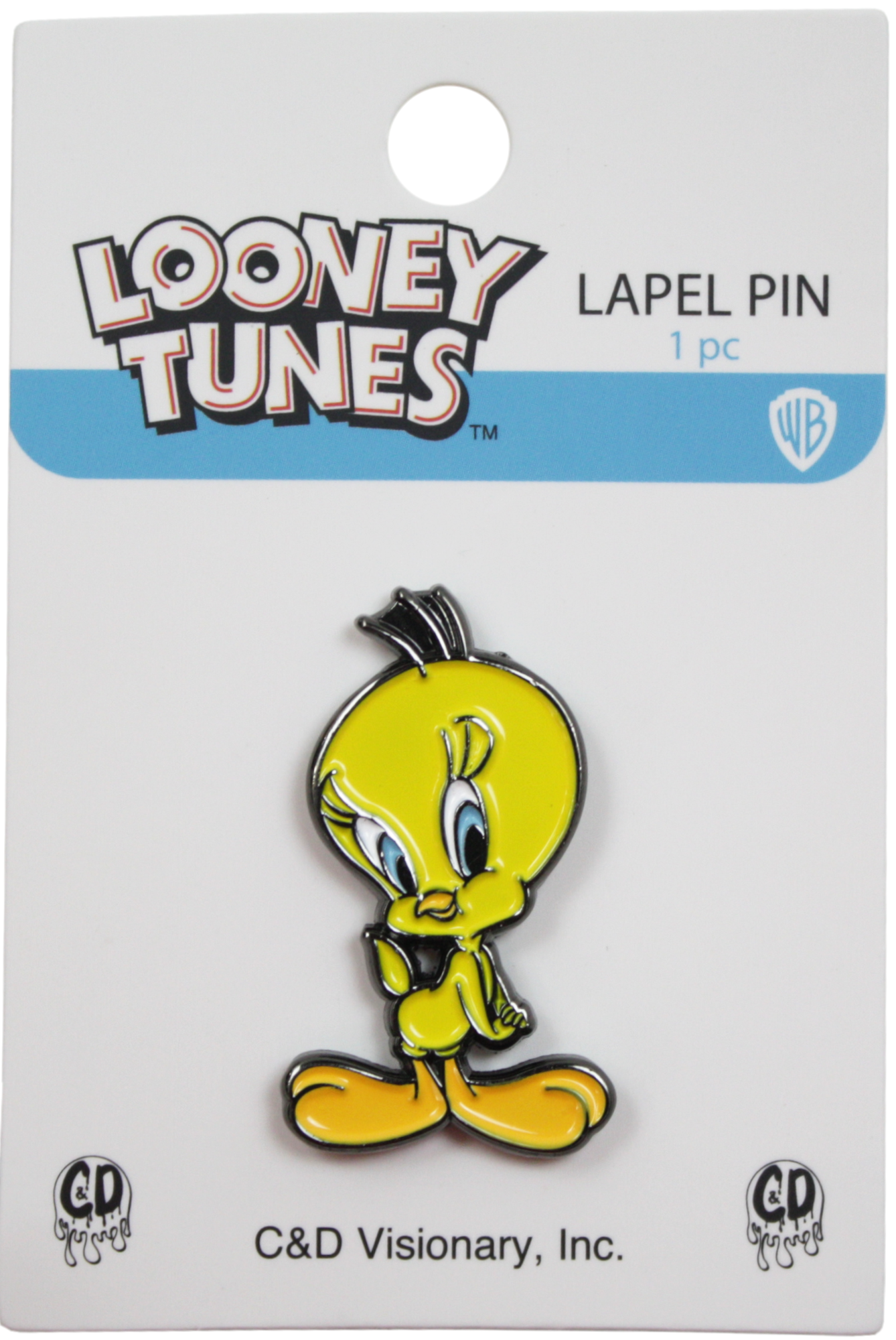 Looney Tunes lapel pin of Tweety Bird on a branded card with C&D Visionary, Inc. logo.