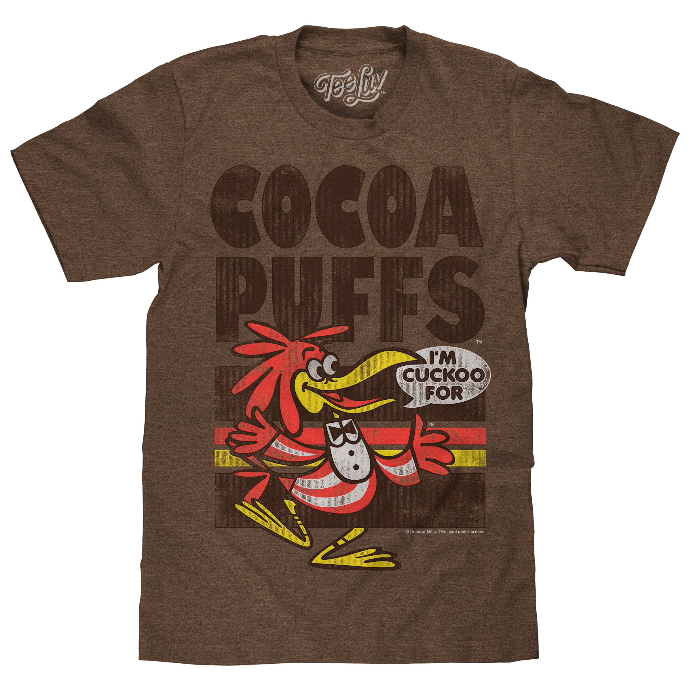 Brown t-shirt featuring the Cocoa Puffs logo with Sonny the Cuckoo Bird mascot and speech bubble saying “I’m Cuckoo For.”