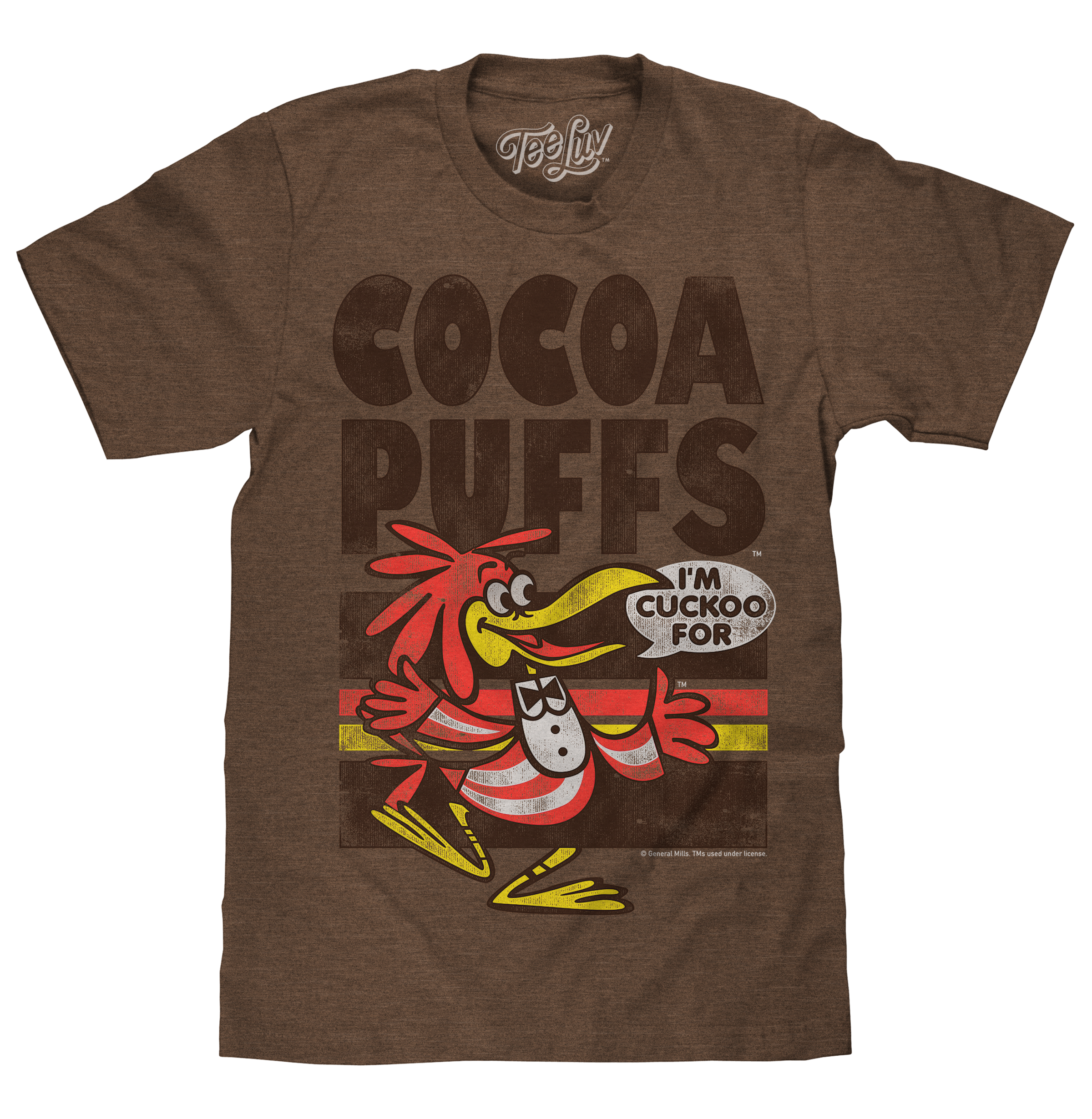 Brown t-shirt featuring the Cocoa Puffs logo with Sonny the Cuckoo Bird mascot and speech bubble saying “I’m Cuckoo For.”