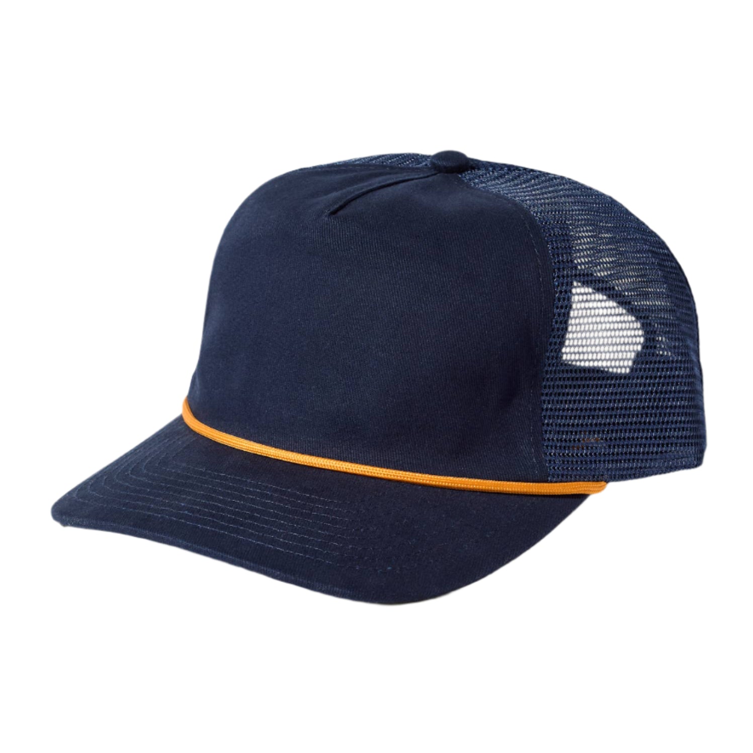Navy blue cap with orange trim on a beige background