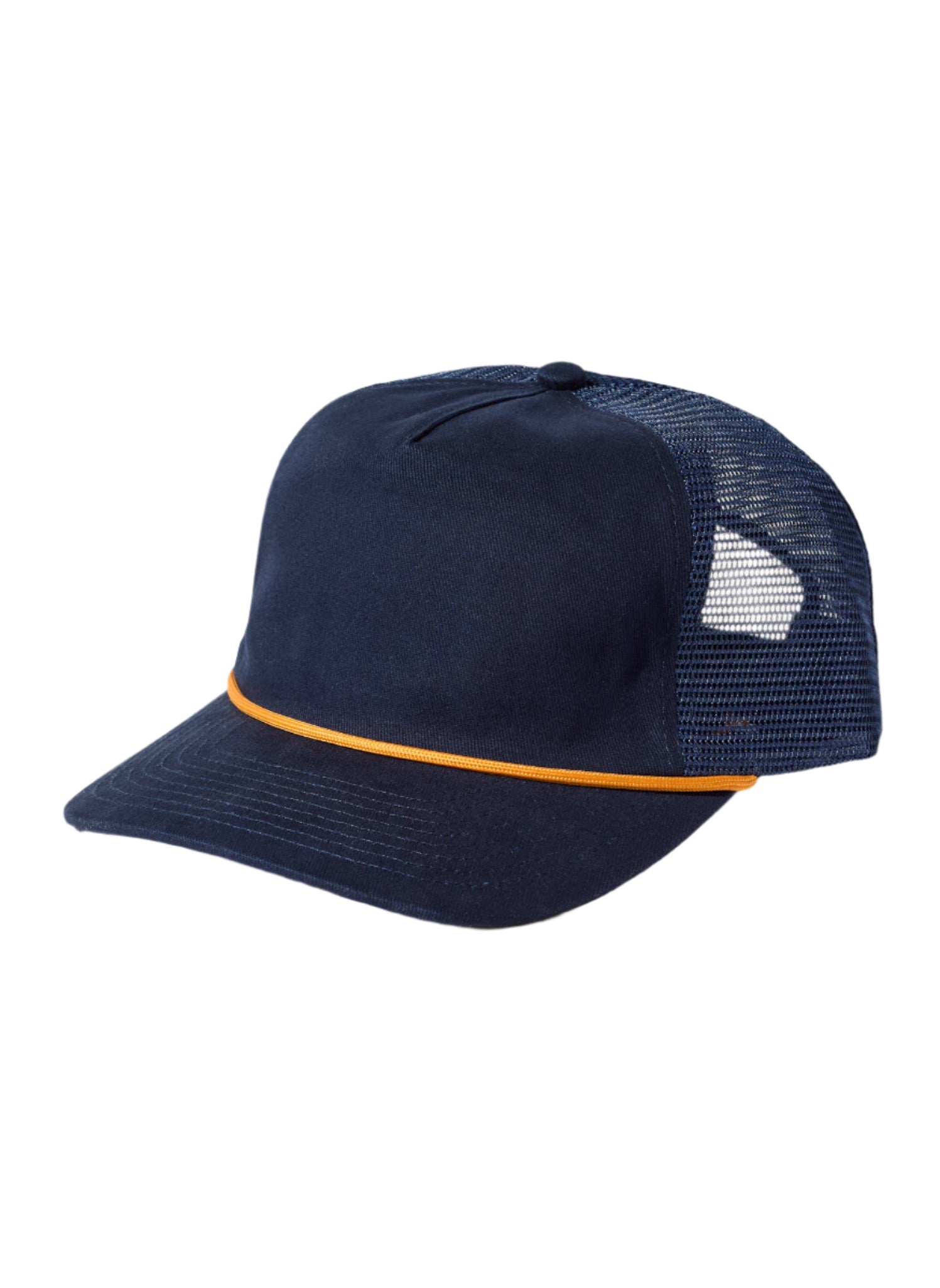 Navy blue cap with orange trim on a beige background