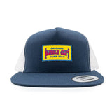 Navy and white trucker hat featuring Bubble Gum Surf Wax Original woven logo patch on the front panel