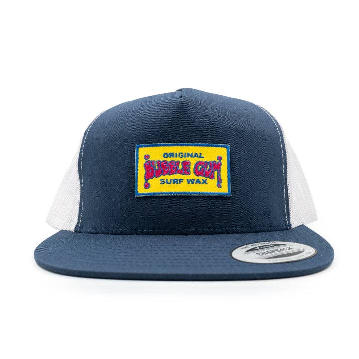 Navy and white trucker hat featuring Bubble Gum Surf Wax Original woven logo patch on the front panel