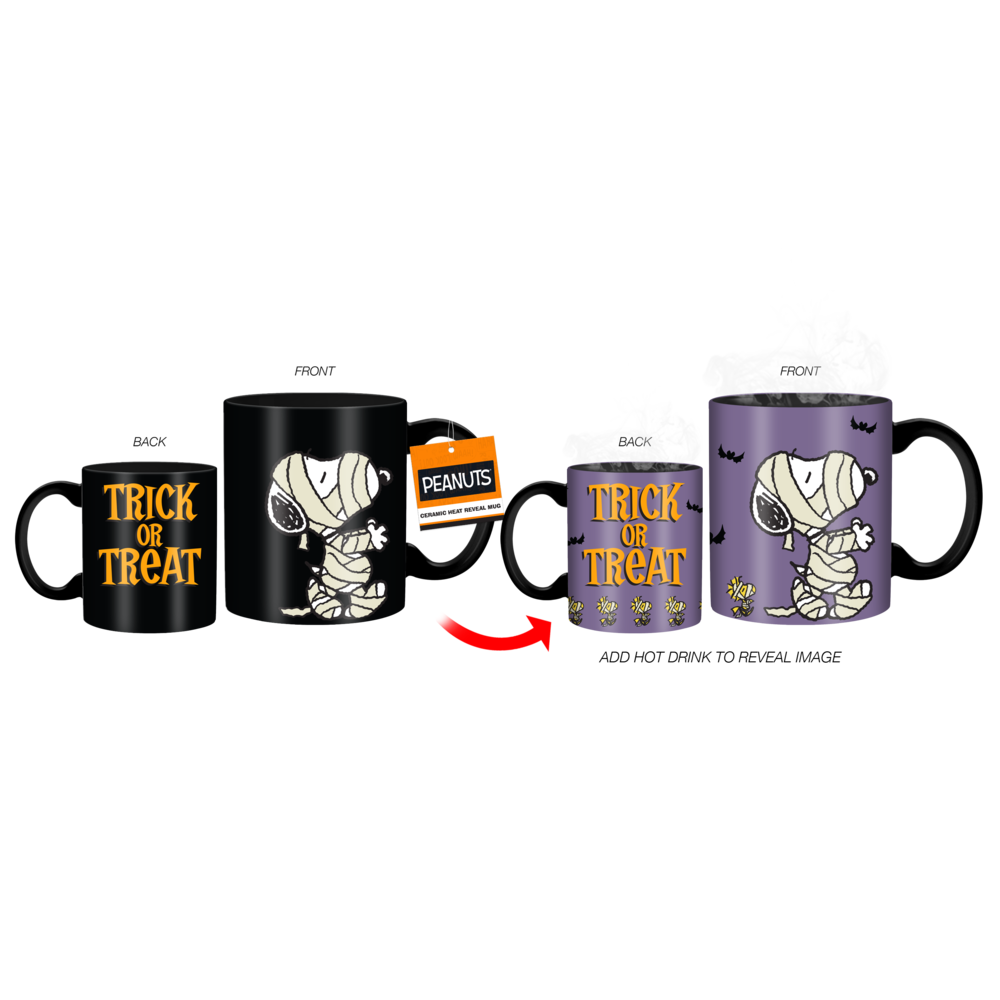 Heat-changing coffee mug featuring Snoopy and Woodstock as mummies for Halloween, also with Trick or Treat text.