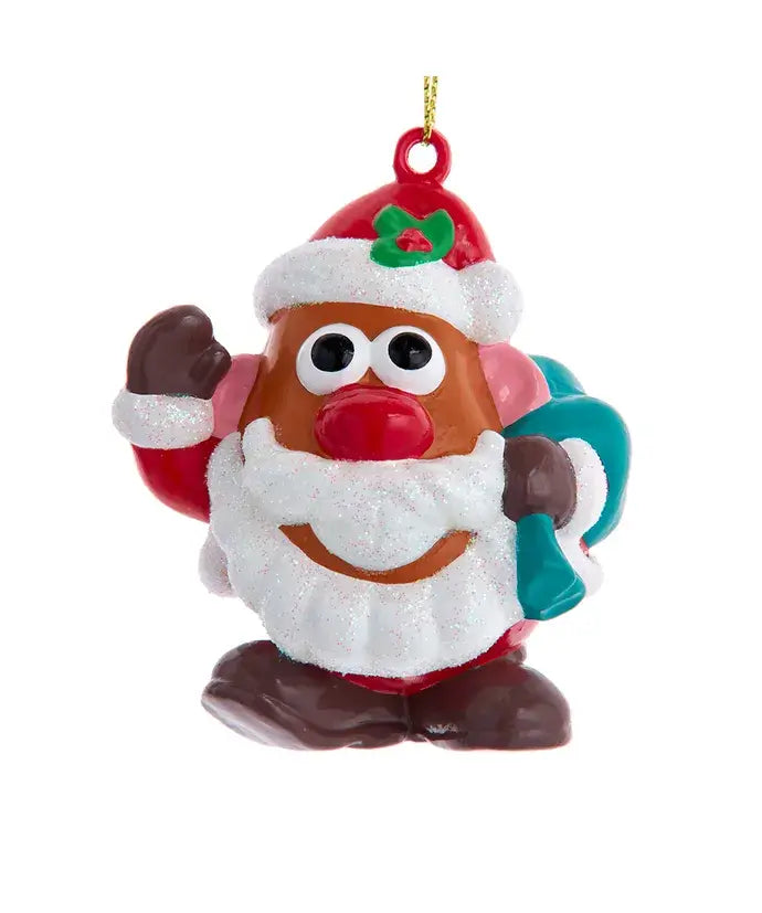 Mr. Potato Head Santa-themed Christmas ornament with glittery beard, Santa hat, and toy sack.
